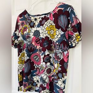 Ann Taylor Factory Floral Blouse Size Small Short Bell Sleeve Ruffle Boat Neck